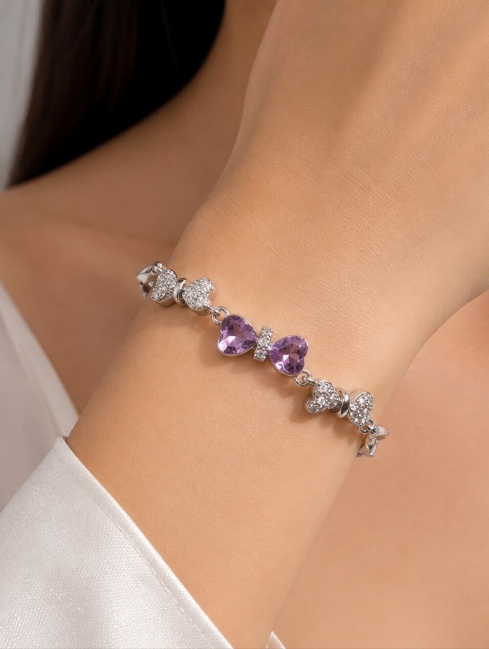 Sterling Silver Purple Heart Bracelet, 925 Silver Heart Link Bracelet, Lavender